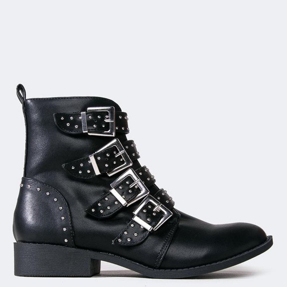 Qupid Vinci-58 Black Pu Studded Buckle Ankle Booti